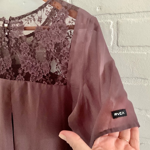 RVCA Blouse Coquette Darling Boho chocolate brown lace short sleeve M - Picture 2 of 12